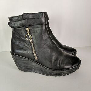 Fly London Wedge Heel Ankle Boot Black Leather Women Size 41 US 10.5 Bootie